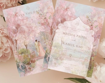 Invitación de boda hindú con flores de cerezo, invitación de jardín floral rosa, tarjeta de boda india editable en Canva, invitación de primavera Desi, descarga digital