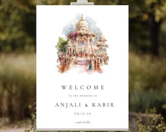 Letrero de bienvenida floral en acuarela para mandap, decoración para bodas hindúes punjabíes indias, elegante cartel de entrada para ceremonia (descarga digital).