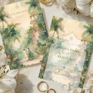 Indisk bröllopsinbjudningsmall Hinduisk Shaadi-inbjudan Spara datumet Destinationsbröllopsinbjudan Redigerbar Tempelträdgård (digital nedladdning)