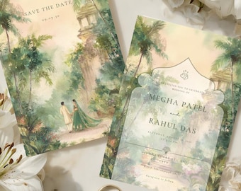 Plantilla de invitación de boda india, invitación de boda hindú, invitación para guardar la fecha, invitación de boda de destino, invitación editable de templo y jardín (descarga digital)