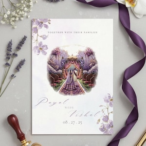 以下が含まれることがあります： 結婚式の招待状。水彩画で描かれた、天蓋の下にいるカップルのイラストが特徴です。「Payal」と「Vishal」の名前と結婚式の日付が記載されています。紫色のリボンと花が招待状を囲んでいます。