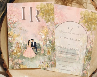 Invitación de boda india con encanto, romántica, con temática de jardín, para parejas desi, con diseño floral, ideal para bodas del sur de Asia (descarga digital).