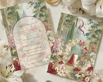 Plantilla de invitación Laal Dupatta Nikkah Rosa roja Invitación de boda musulmana paquistaní Walima Desi Shaadi Plantilla de tarjeta de jardín floral en acuarela