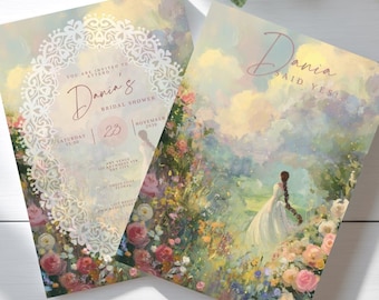 Invitación para despedida de soltera con temática de cuento de hadas inspirada en Rapunzel, invitación para brunch nupcial en el jardín, novia floral, plantilla editable / descarga digital
