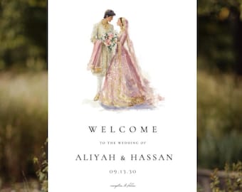 Letrero de bienvenida para boda de pareja musulmana, letrero de acuarela, Nikah Nikkah, boda pakistaní, letrero de entrada para recepción, decoración / descarga digital
