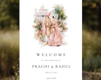 Cartel de bienvenida para boda india, acuarela, decoración de palacio para pareja, letrero de boda hindú, póster del sur de Asia, entrada de recepción / descarga digital