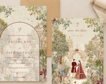 Conjunto de invitaciones de boda indias en acuarela, invitación del sur de Asia, plantilla editable de Canva para bodas hindúes, sijs y musulmanas (Baraat Shaadi) (descarga digital)