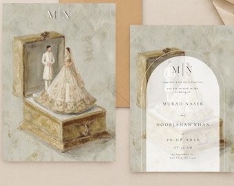 Invitación de boda con caja de música del sur de Asia para pareja india, lehenga sherwani, invitación romántica de lujo en color crema para boda desi (descarga digital)
