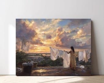 Cuadro mural de atardecer en azotea bengalí, mujer del sur de Asia lavando ropa, pintura de cielo vespertino, decoración del hogar de la diáspora Desi, obra de arte nostálgica (descarga digital)
