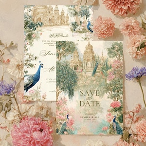 May include: Two wedding invitation cards with floral and peacock illustrations. The cards feature ornate architectural designs and the text "Save the Date". The cards are surrounded by pink and white flowers.