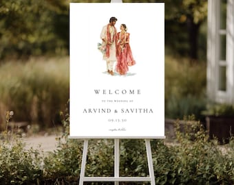 Cartel de bienvenida para boda del sur de la India, pareja tamil y telugu, ceremonia en el mandap, letrero de bienvenida, decoración de boda india / descarga digital