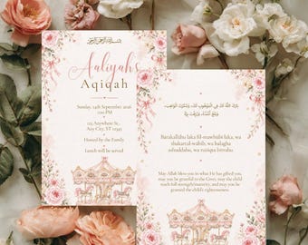 Conjunto de invitaciones para Aqiqah de niña, tarjeta de súplica rosa con carrusel editable, plantilla para ceremonia de nombramiento islámica, invitación para Aqiqah musulmana/descarga digital