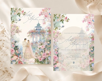 Luxury Blue and Pink Desi Wedding Invitation Indian Pakistani Bengali Hindu Sikh Muslim Floral Garden Shaadi Wedding Invite Template Digital