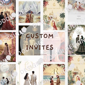 Custom South Asian wedding invitation digital download with personalized faceless bride and groom illustration in traditional Indian, Pakistani, Bengali, Muslim, Hindu, Sikh, or fusion wedding attire. Luxury modern desi wedding stationery for Nikkah, Shaadi, Walima, Mehndi, Haldi, Sangeet, Nikah invite, printable wedding card, digital invite, custom illustrated wedding art, South Asian couple portrait.