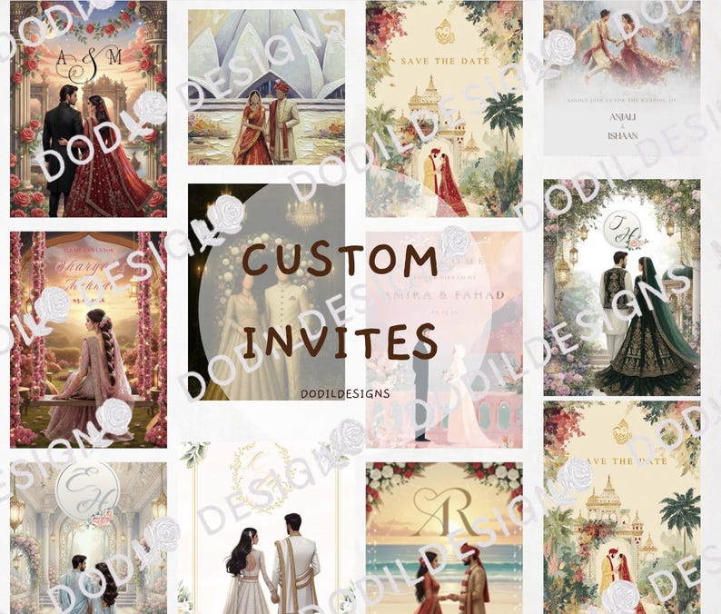 Custom South Asian wedding invitation digital download with personalized faceless bride and groom illustration in traditional Indian, Pakistani, Bengali, Muslim, Hindu, Sikh, or fusion wedding attire. Luxury modern desi wedding stationery for Nikkah, Shaadi, Walima, Mehndi, Haldi, Sangeet, Nikah invite, printable wedding card, digital invite, custom illustrated wedding art, South Asian couple portrait.