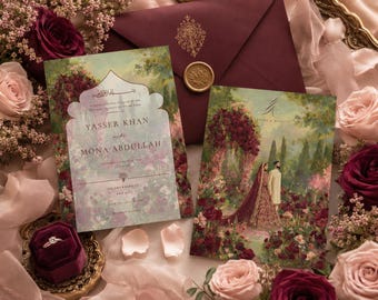 Pakistani Nikkah Baraat Walima Invitation Template Muslim Hijabi Wedding Invite Burgundy Indian Desi Shaadi Reception Canva Digital Download