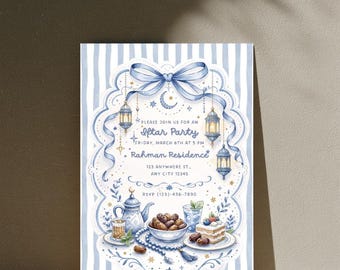 May include: An invitation for an Iftar Party, featuring a watercolor design with blue and white stripes. The invitation includes a bow, lanterns, and a table setting with dates, tea, and cake. Text includes the date, time, and RSVP information.