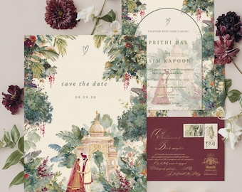 Invitación de boda india en acuarela, invitación de lujo del sur de Asia, plantilla editable de Canva, tarjeta de boda hindú, sij y musulmana, descarga digital.