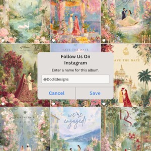 May include: A digital grid of wedding invitation designs featuring painted illustrations of couples in traditional attire, floral arches, and landscapes, with a central pop-up window displaying Follow Us On Instagram @Dodildesigns.