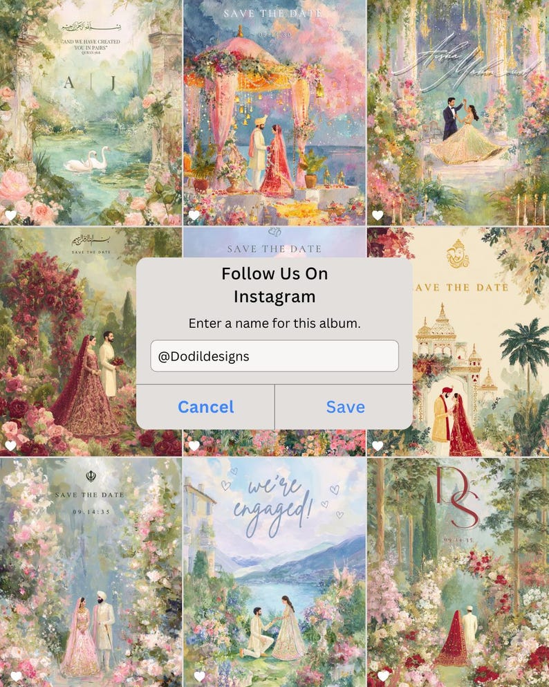 May include: A digital grid of wedding invitation designs featuring painted illustrations of couples in traditional attire, floral arches, and landscapes, with a central pop-up window displaying Follow Us On Instagram @Dodildesigns.