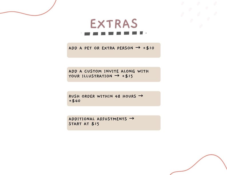 May include: A light beige informational graphic with the heading EXTRAS in dark brown text. It lists four service options: ADD A PET OR EXTRA PERSON, ADD A CUSTOM INVITE ALONG WITH YOUR ILLUSTRATION, RUSH ORDER WITHIN 48 HOURS, and ADDITIONAL ADJUSTMENTS.