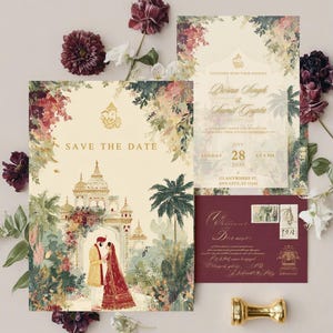 May include: Wedding invitation suite with a cream background and floral and architectural illustrations. The suite includes a "Save the Date" card, an invitation, and an envelope. The text includes the names Prerna Singh and Sunil Gupta, and the date July 28, 2030.