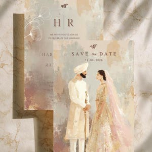 May include: Wedding invitation cards with a watercolour illustration of a couple in traditional attire. The cards feature text including "HR", "Save the Date", and the date "31.08.2026". The design has a soft, neutral colour palette.