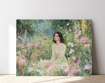 Arte mural de jardín floral con mujer del sur de Asia, pintura romántica y femenina de pradera primaveral, decoración Desi Coquette, impresión botánica (descarga digital)