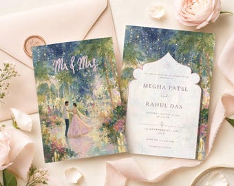 Tropical Sangeet Mehendi Invitation Template, Editable South Asian Wedding Invite, Watercolor Indian Couple Canva Template Digital Download