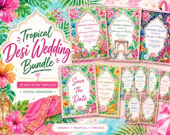 Tropical Desi Wedding Invitation Bundle, Indian Wedding Canva Invite Suite Template, Mehendi Haldi Sangeet Baraat Reception Digital Download