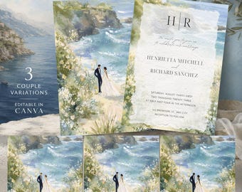 Coastal Wedding Invitation Template Seaside Watercolor Invite Editable Canva Card Beach Wedding Save The Date Digital Download