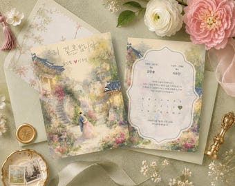 Traditional Korean Wedding Invitation Template Editable Canva Korean Hanbok Wedding Invite Watercolor Floral Garden | Digital Download
