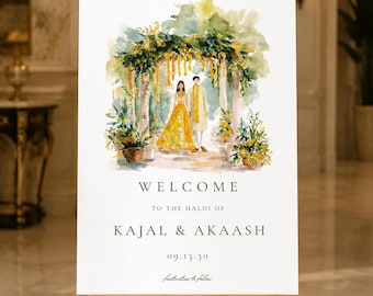 Haldi Welcome Sign Gaye Holud Decor, Bengali Pakistani Indian Desi Ceremony South Asian Watercolor Art Printable Poster (Digital Download)