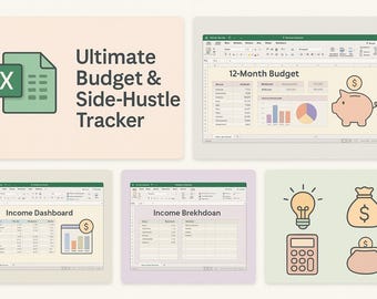 May include: An image showcasing a financial tracker with the text "Ultimate Budget & Side-Hustle Tracker." The image includes spreadsheets, charts, and icons of a piggy bank, lightbulb, money bag, and calculator. The spreadsheets display financial data.