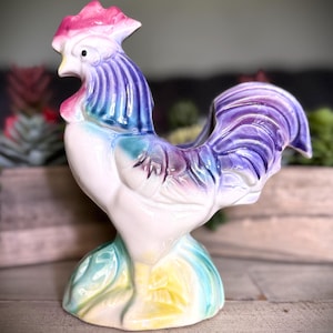 Vintage Multicolor Pastel Rooster Ceramic Pottery Planter