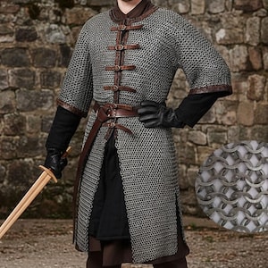 May include: A medieval-style chainmail shirt with leather accents and a brown leather belt. The shirt has short sleeves and is fastened with leather straps. A wooden sword is held in the left hand. The background is a stone wall.