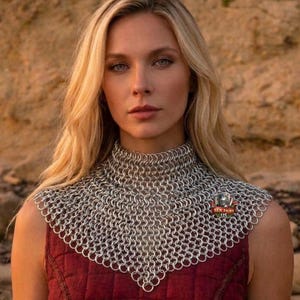 May include: A silver chainmail collar with a high neck, worn over a burgundy vest. The chainmail is made of small, interlocking metal rings. The vest is quilted. The Ben Faire LLC logo is visible on the right side of the collar.