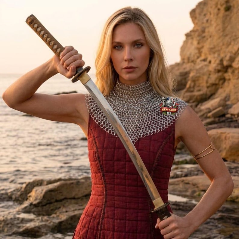 May include: A woman in a burgundy quilted dress and chainmail armor holds a katana sword. The sword has a brown handle and a silver blade. The background shows a rocky shoreline and the ocean.