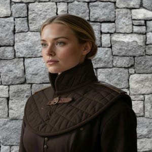 May include: A brown quilted collar with a leather buckle detail is worn over a dark brown coat. The collar has a diamond pattern and a high neckline. The coat has a button-down front and a tailored fit. The background is a stone wall.