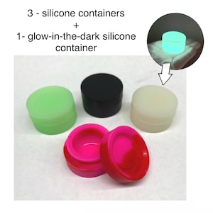 May include: A collection of silicone containers in various colors, including green, black, white, and pink. One container glows in the dark. Text on the image reads: 3 - silicone containers + 1- glow-in-the-dark silicone container.