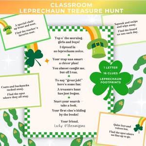 May include: A classroom-themed treasure hunt game with a St. Patrick's Day theme. The game includes clues, shamrocks, and a leprechaun hat graphic. The text on the game says "Leprechaun Treasure Hunt" and "1 Letter, 16 Clues, Leprechaun Footprints."