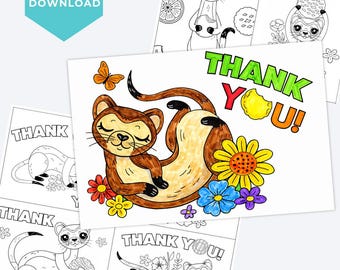 May include: A collection of printable thank you cards featuring cartoon ferrets. One card is colored with a brown ferret, flowers, and the words "Thank You!" in green, yellow, and orange. The other cards are black and white.