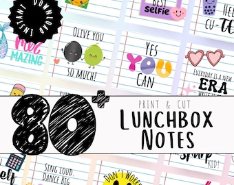 May include: A collection of 80 print-and-cut lunchbox notes with various colorful designs and positive messages. The notes feature illustrations of food, hearts, and other cute graphics. The words "Instant Download" are also visible.