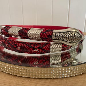 Può includere: Una cintura rossa e nera con motivo a pelle di serpente e dettagli in metallo argentato. La cintura è arrotolata su una superficie a specchio con un bordo dorato borchiato. La fibbia è un design decorativo a testa di serpente.