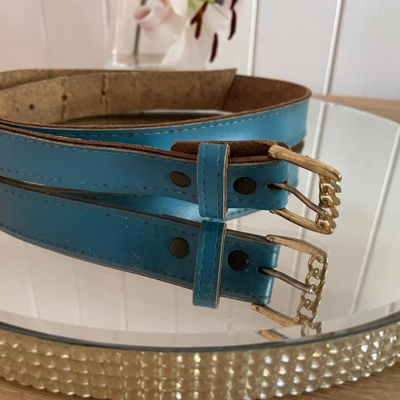 Vintage 80s Teal Canvas Belt Gold Buckle Minimalist Size M/L Military Style Canvas Belt Gold buckle buy 2 get 1 free | eBay main image 4