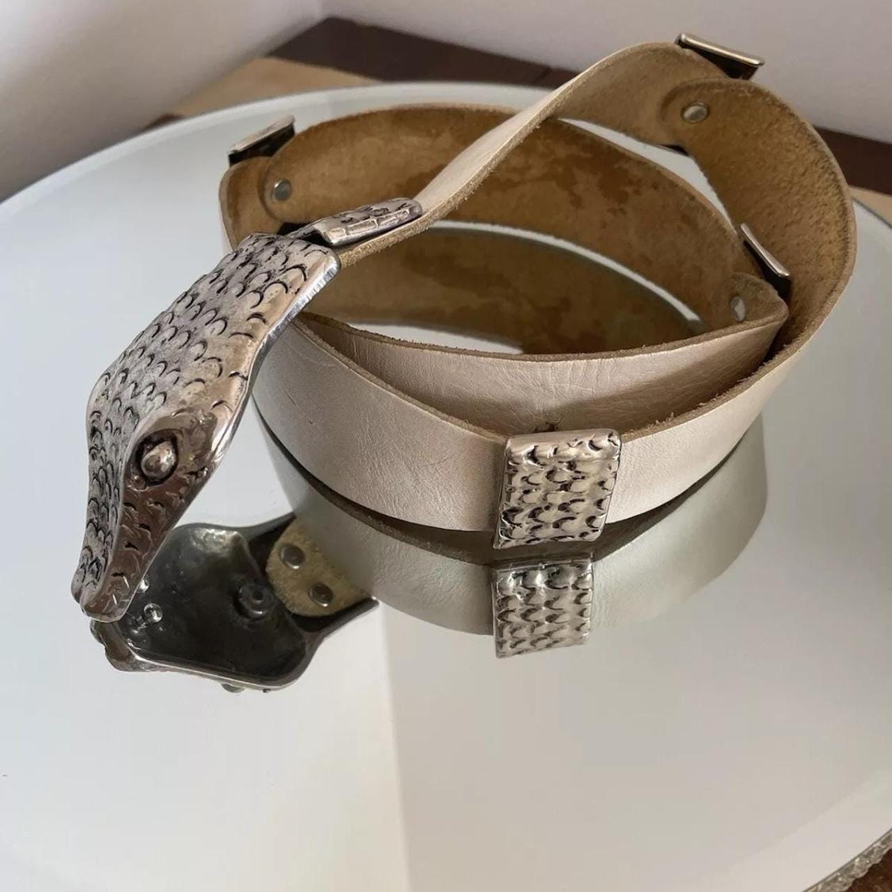 Vintage 80s Snake Chain Belt With Buckle / Silver VINTAGE 80s 90s NAVY Genuine Snakeskin Leather Skinny Chic  main image 2