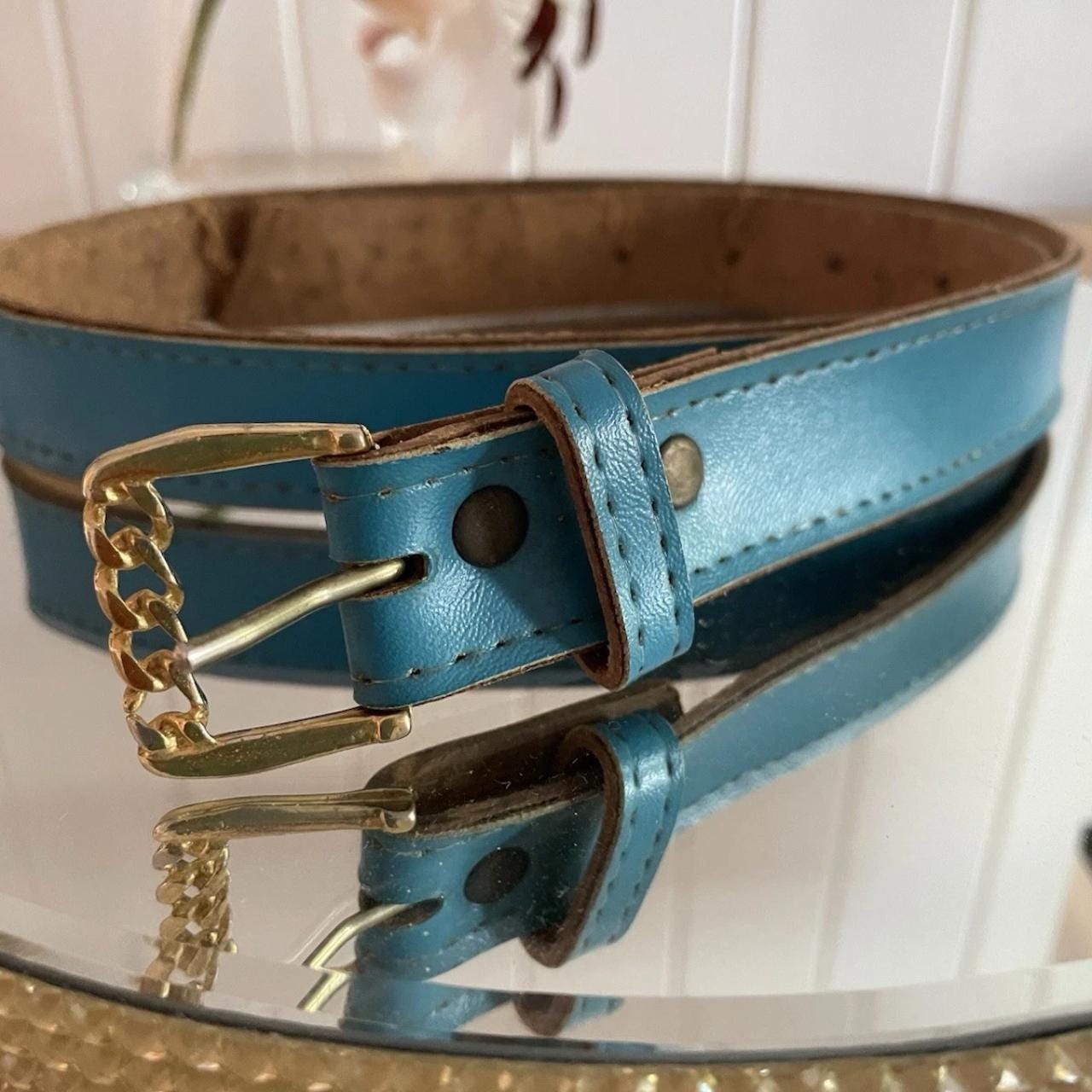 Vintage 80s Teal Blue Belt | Retro Pop Style | Gold Tone  display picture 1