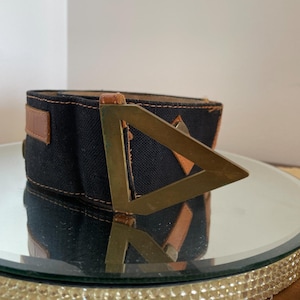 Vintage 90s Mixed Media Belt Black Canvas & Brown Leather Strips with Rivet Detail Unique Brass Triangular Buckle Grunge Western Aesthetic
