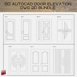 Op de afbeelding: Een verzameling van 50 AutoCAD-deurelevatieontwerpen in een 2D DWG-bundel. De afbeelding toont verschillende deurmodellen, waaronder enkele en dubbele deuren, met gedetailleerde lijntekeningen. De ontwerpen omvatten gewelfde, paneel- en moderne stijlen, met de tekst "50 AUTOCAD DOOR ELEVATION DWG 2D BUNDLE".
