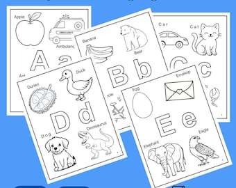 May include: Alphabet coloring pages A-Z with illustrations of an apple, ambulance, banana, bear, car, cat, duck, dinosaur, dog, egg, elephant, and eagle. The pages also feature the letters A through E. The words "PDF Printable" and "Digital Downloads" are also visible.